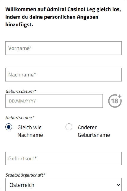 Registrierungsformular für Admiral Casino Österreich mit Eingabefeldern für persönliche Daten